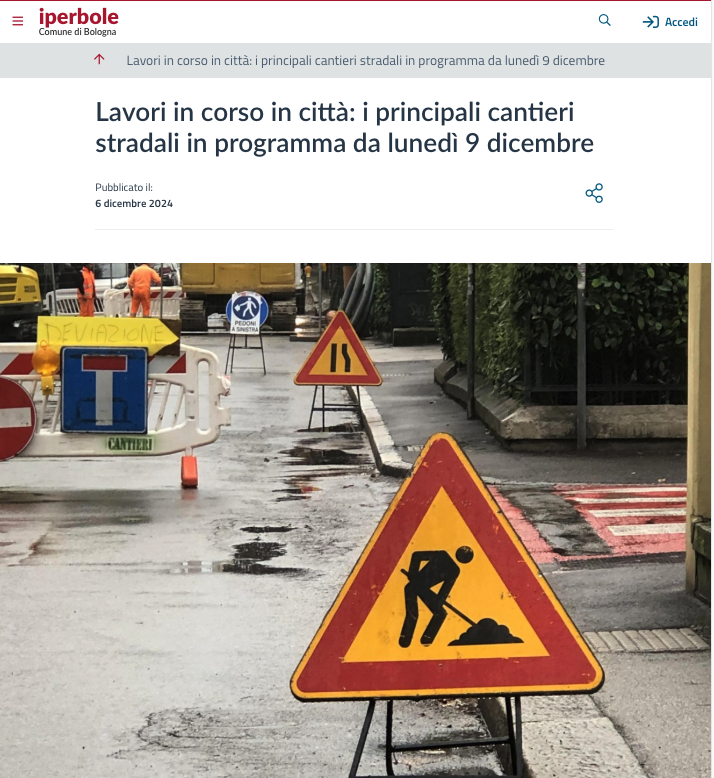 Lavori in corso in città: i principali cantieri stradali in programma da lunedì 9 dicembre ( fonte Comune di Bologna)